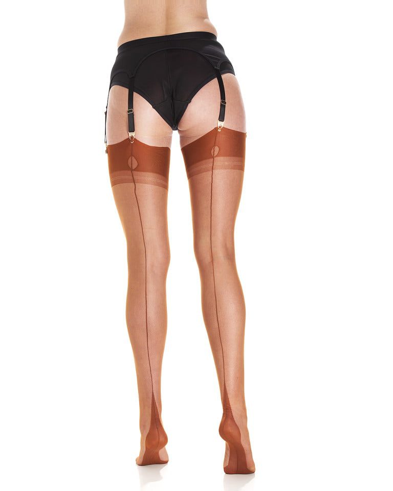 Fully Fashioned Point Heel Stockings in Cinnamon - Brown and Orange Tan Spice.