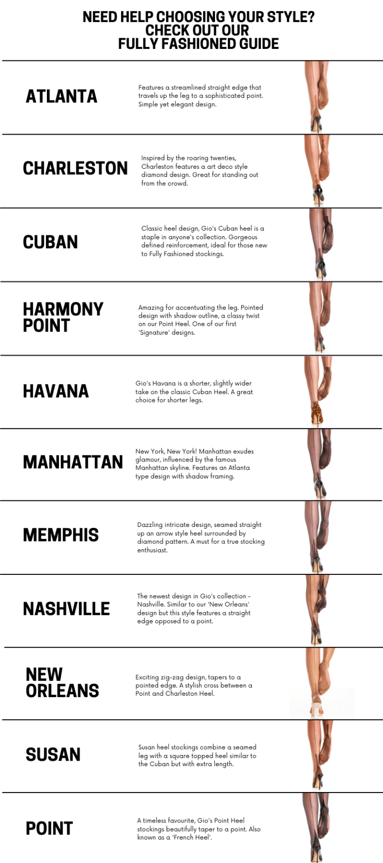 Chart showing Gio Stockings Fully Fashioned Heel Designs