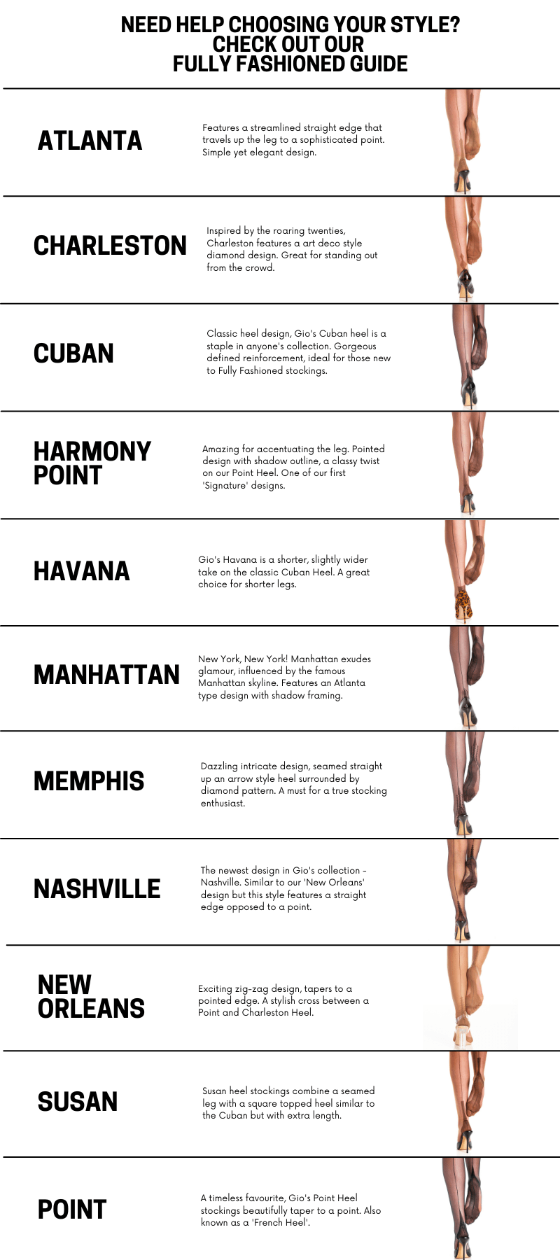 Chart showing Gio Stockings Fully Fashioned Heel Designs